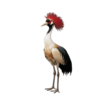 Crowned crane standing tall with black, white, and gold feathers, on a transparent background png