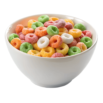 A bowl of cereal with colorful cereal rings png