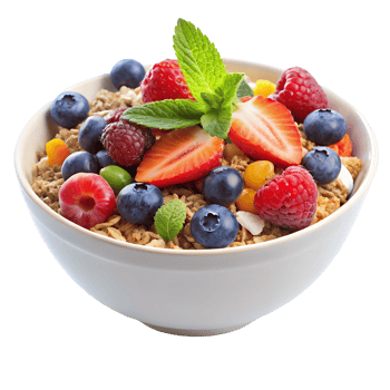A bowl of cereal with berries and mint leaves png