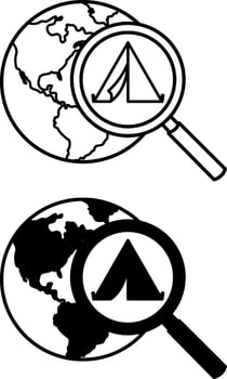 Icons Exploration. Black and White Icons. Planet Earth, Tent for Tourists under Magnifying Glass. Adventure and Camping Concept vector