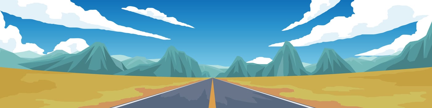 Long asphalt road that stretches as far as the eye can see. Amidst the golden fields and lush mountains. Surrounding atmosphere is full of peace and shady. Drive to relax at the vacation home. vector