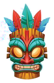 Tiki tribal wooden mask with feathers. Cartoon illustration vector