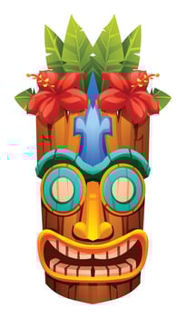 Tiki mask with red hibiscus flowers and tropical leaves. Cartoon illustration vector