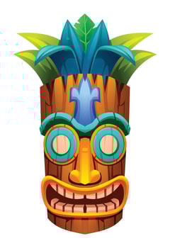 Wooden tiki mask with tropical leaves and green foliage. Cartoon illustration vector
