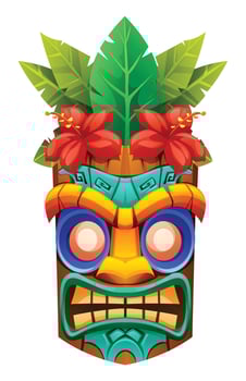Tiki mask with red hibiscus flowers and tropical leaves. Cartoon illustration vector