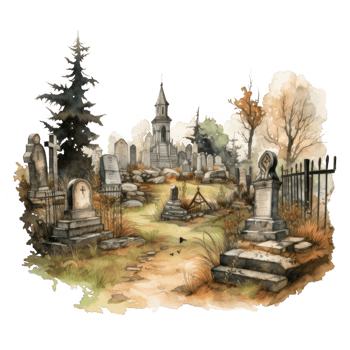 Watercolor illustration of a graveyard with a chapel and stone graves png