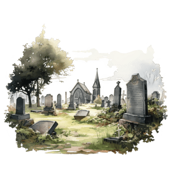 A Watercolor Depiction of a Graveyard with a Church and Numerous Tombstones png