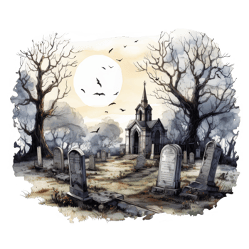 A Watercolor Painting of a Graveyard with a Chapel Under a Full Moon png