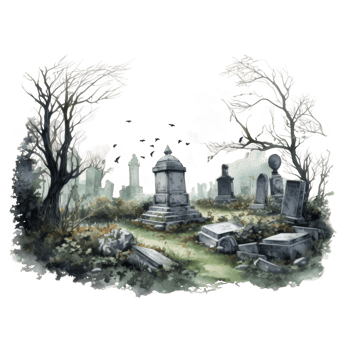 An Overgrown Graveyard with Tombstones and Bare Trees png