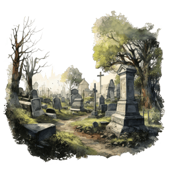 Watercolor Painting of a Cemetery with Tombstones, Trees, and a Stone Path png