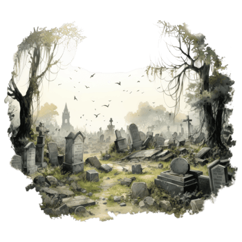 A Foggy, Abandoned Graveyard with Broken Headstones and Birds Flying Overhead png