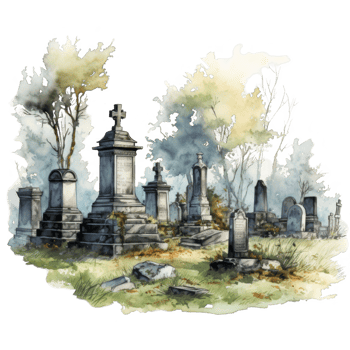 A Watercolor Painting Depicting a Graveyard with Stone Tombs and Trees png