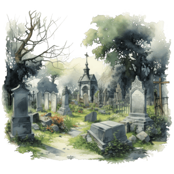 A Watercolor Painting of a Tranquil Graveyard with an Old Chapel png
