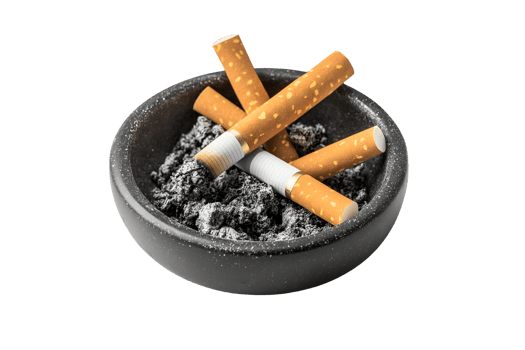 used cigarettes in an ashtray with scattered ashes highlighting smoking addiction and health risks on isolated background perfect for anti-smoking campaigns and health awareness visuals png