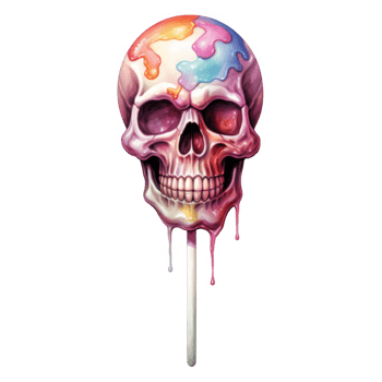 A Colorful Skull-Shaped Lollipop with Dripping Candy png
