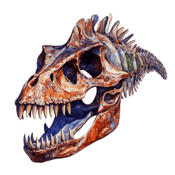 A Detailed Watercolor Painting of a Tyrannosaurus Rex Skull png