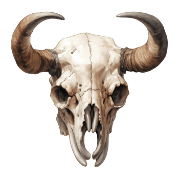 A Detailed Illustration of a Bull Skull with Curved Horns png