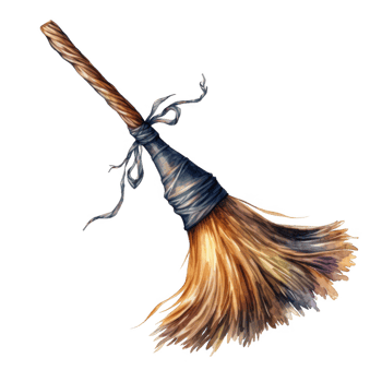 Watercolor Painting of a Witch's Broom with a Blue Ribbon png