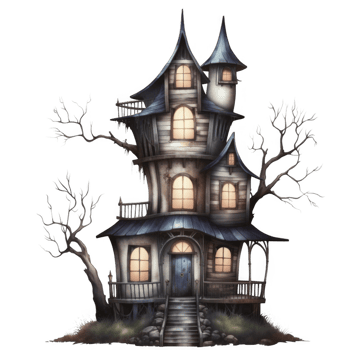 An Enchanting, Multi-Story, Wooden Tower House with Crows and Bare Trees png