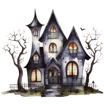 Watercolor Illustration of a Haunted House with Glowing Windows png