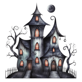 Watercolor Illustration of a Spooky Haunted House with Twisted Trees png
