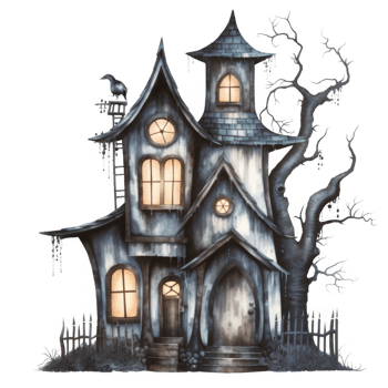 A Watercolor Illustration of a Creepy Haunted House with a Dead Tree png