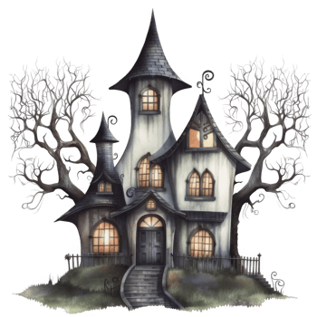 Enchanting Watercolor Illustration of a Mysterious Haunted House png