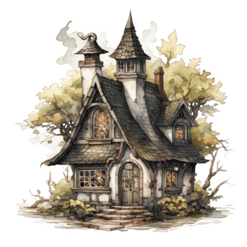 A quaint, stone cottage with a tall, pointed roof and a charming front door. png