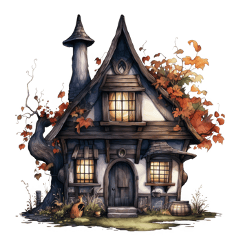 A quaint, wooden cottage nestled amidst autumn foliage png