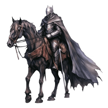 A knight in full armor riding a black horse with a flowing cape png