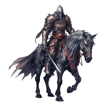 A knight in full armor, riding a black horse with a flowing cape. png