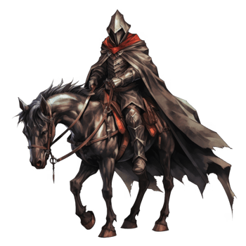 A cloaked knight on horseback in a fantasy setting png
