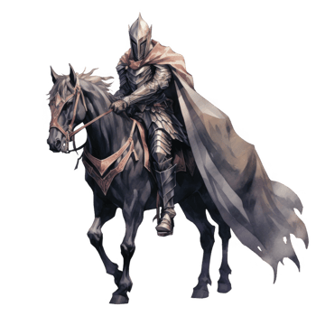 A knight in full armor riding a black horse with a flowing cape png