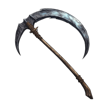 A Curved, Metal, Fantasy Weapon with a Wooden Handle and Leather Wrap png