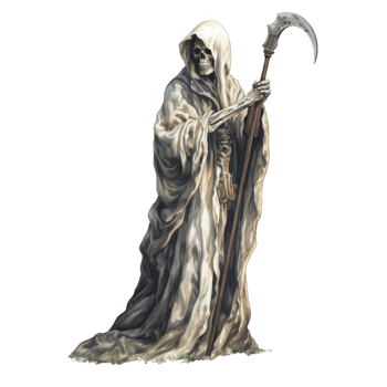 Skeletal Figure in a Hooded Robe Holding a Curved Scythe png