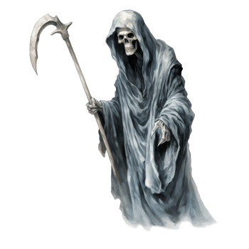 A skeletal figure in a grey robe holding a scythe png