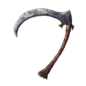 A Rusty, Curved Blade Weapon with a Wrapped Wooden Handle and a Bristly End png