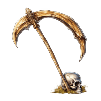 A Wooden Scythe Resting on a Skull and Grass png