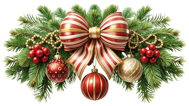 Festive Christmas decorations with beautiful bow and ornaments png