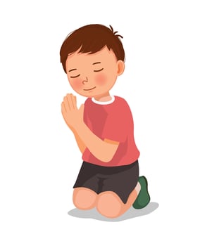 Cute little boy praying kneeling on his knee vector