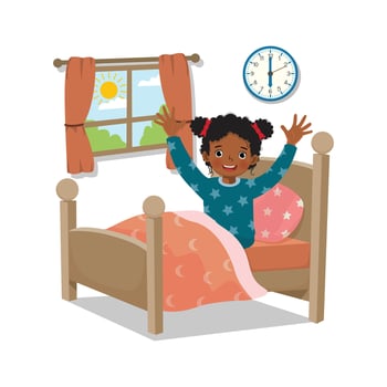 Cute little African girl wakes up early in the morning stretching her body greeting good morning world vector