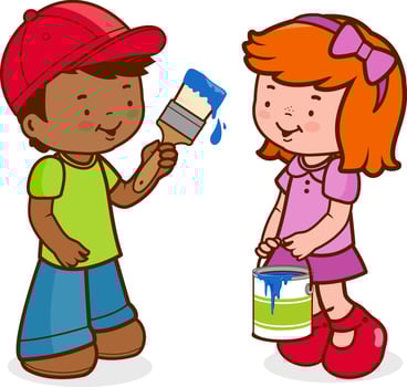 Boy painting with a paint brush and girl holding a paint bucket. Children painters play and paint wall with can of blue paint and paint brush. vector