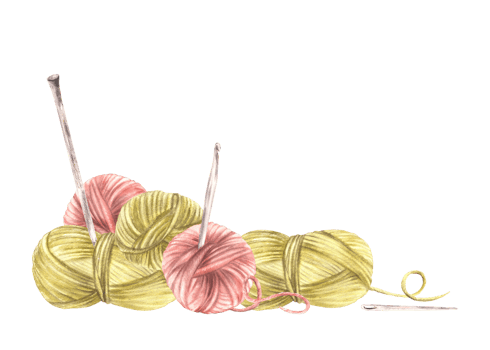 Balls of yarn threads. Watercolor hand drawn illustration. Realistic green, pink skeins of string with knitting needles. Creative hobby knitting, handicrafts label template isolated from background png