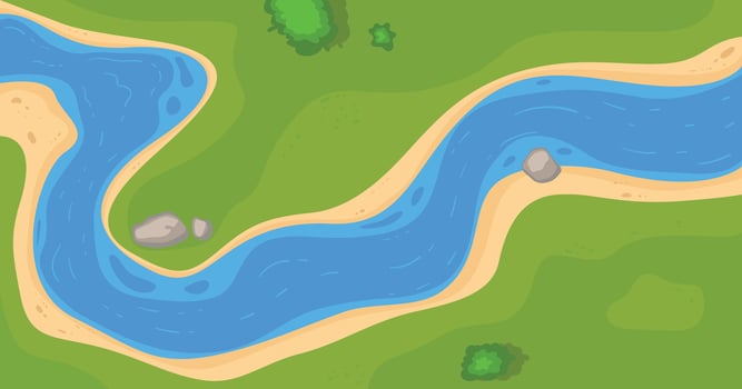 Blue water river top view. blue water, coastline with rocks, trees, green grass vector