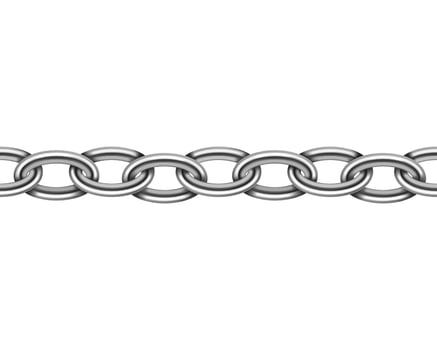 Realistic metal chain seamless texture. Silver color chains link isolated on white background. Strong iron chainlet solid three dimensional design element. vector