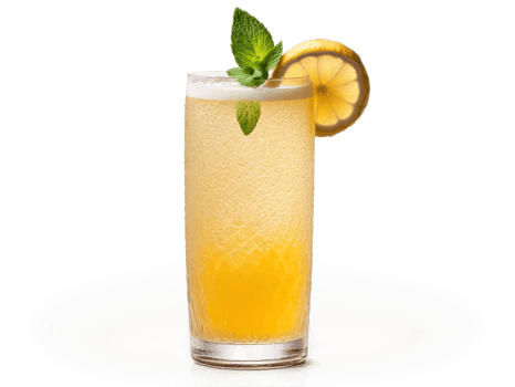 Liberian Ginger Beer in tall glass garnished with slice of lemon and sprig of mint png