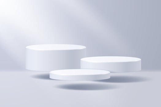 Collection of podiums levitating in space against the background of a fog illuminated by rays of sunlight. Minimalistic abstract scene. vector