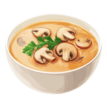 A bowl of soup with mushrooms and parsley png