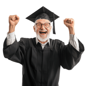 An old man in a graduation gown celebrating png
