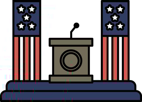 A podium with a microphone and two American flags behind it vector